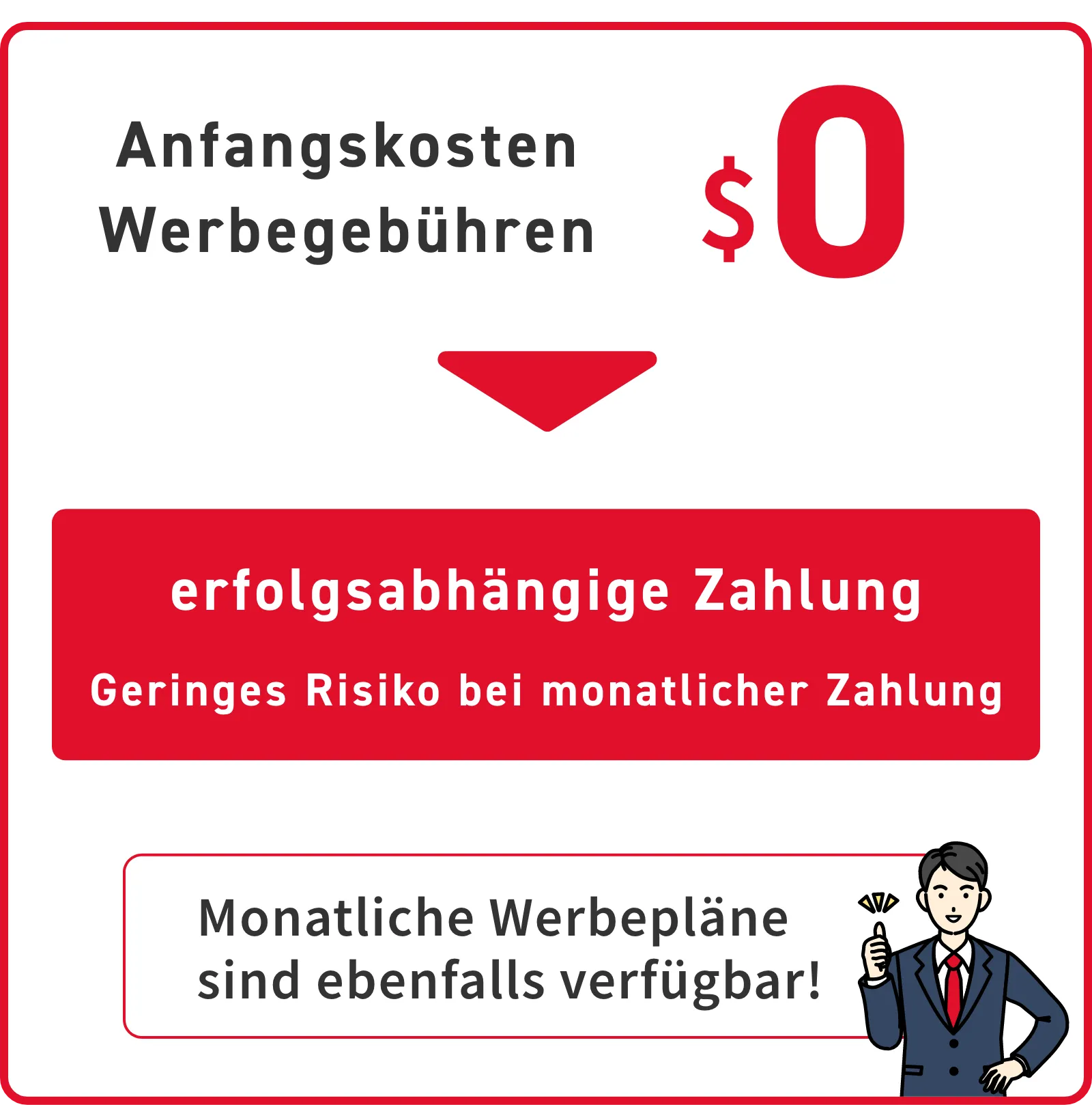 Anfangskosten Werbegebühren $0 / erfolgsabhängige Zahlung Geringes Risiko bei monatlicher Zahlung / Monatliche Werbepläne sind ebenfalls verfügbar!